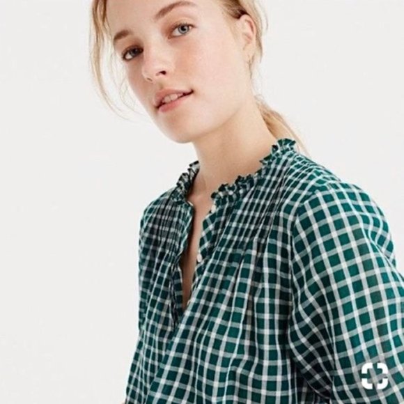 J. Crew Tops - J.Crew Plaid Ruffle Collar Popover Top Green/White